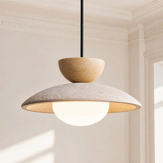 Wabi-Sabi Natural Bowl Travertine Wood Pendant Light