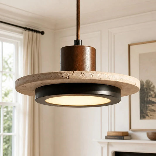 Wabi-Sabi Natural Travertine Wood Disc Pendant Light