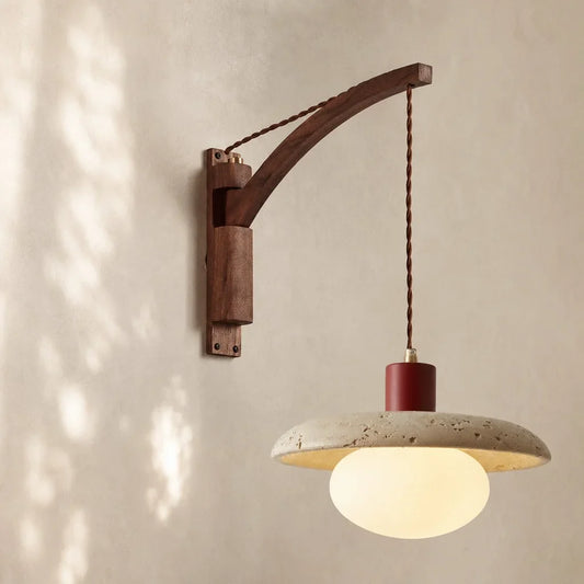 Wabi-Sabi Natural Wood Travertine Hanging Wall Light