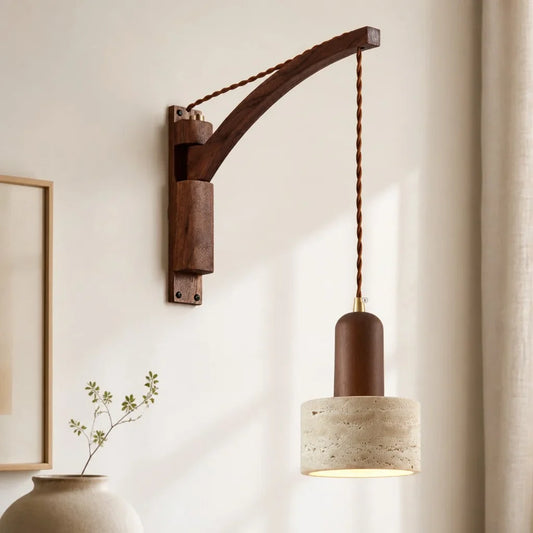 Wabi-Sabi Natural Wood Travertine Hanging Wall Light