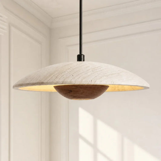 Wabi-Sabi Travertine Walnut Saucer Pendant Light