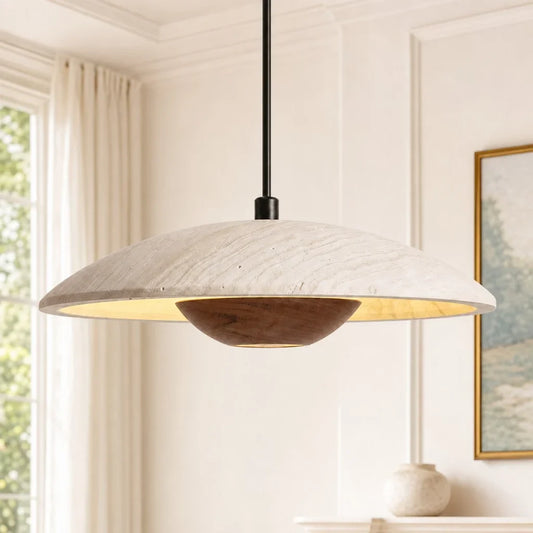 Wabi-Sabi Travertine Walnut Saucer Pendant Light