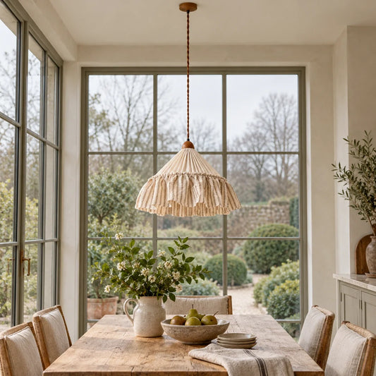 Coffee Stripe Amelie pendant over a British breakfast table