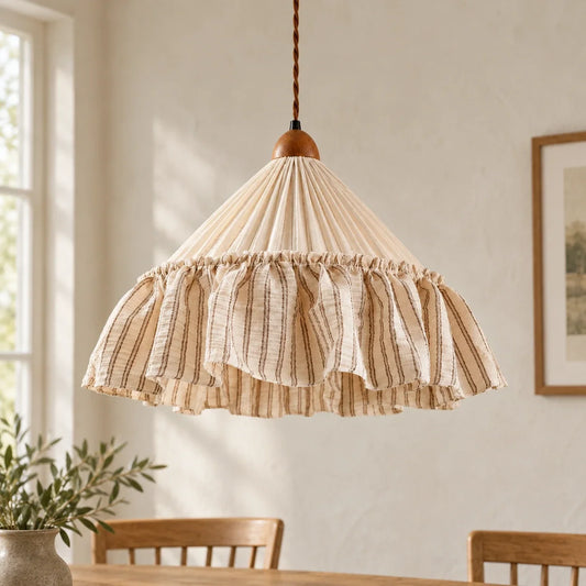 Coffee Stripe Amelie fabric pendant close view over dining table