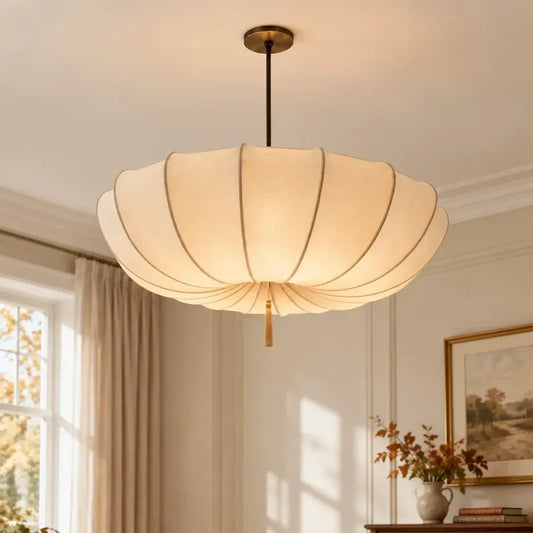 Modern Vintage Art Deco-Inspired Ivory Fabric Pendant Light