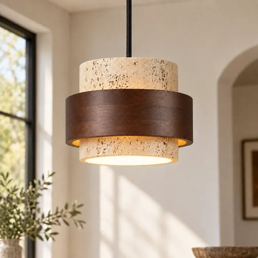 Natural Wooden Travertine Walnut Cylinder Pendant Light