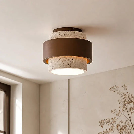 Wabi‑Sabi Wood Travertine Cylinder Ceiling Light
