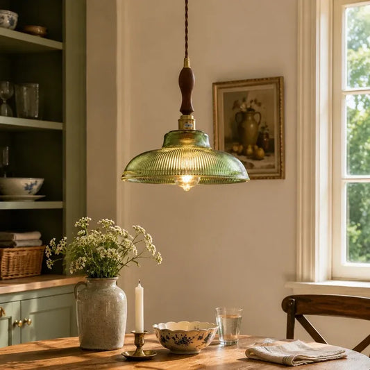 Vintage Green Ribbed Glass Kitchen Island Pendant Light