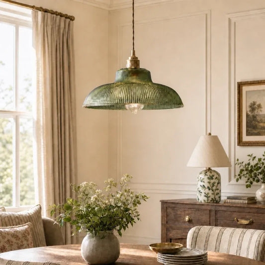 Vintage Decorative Ribbed Green Glass Pendant Light
