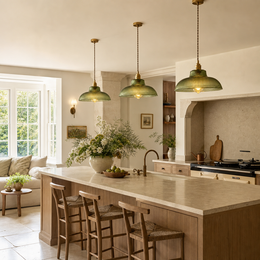 Green ribbed glass pendant lights arranged evenly above a bright kitchen island