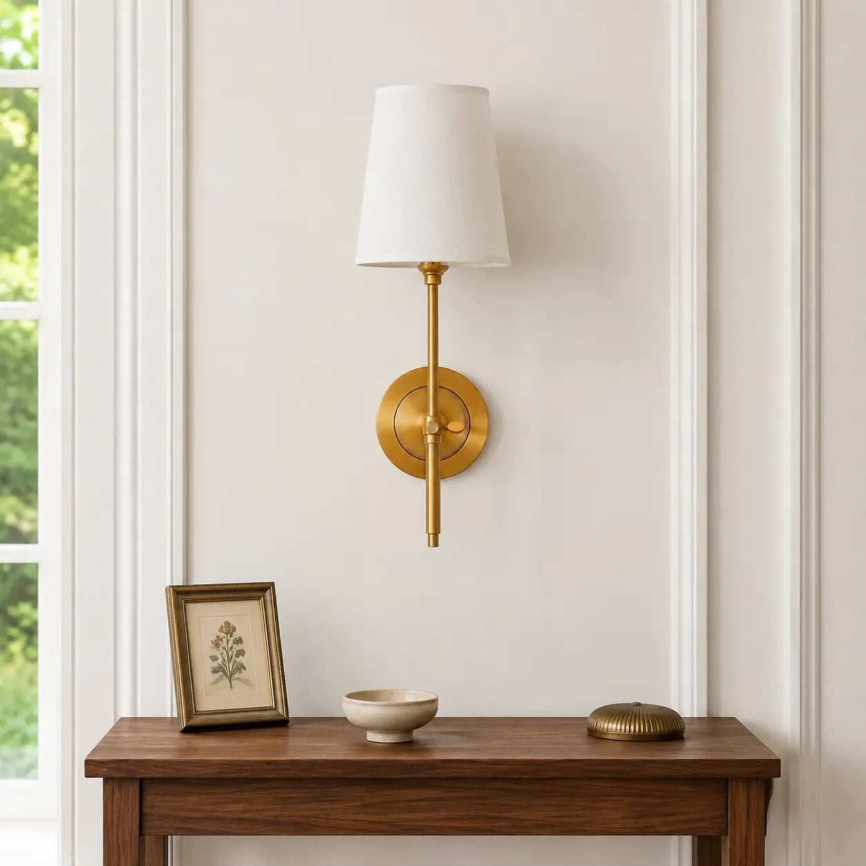 Brass linen shade wall light above a modern British hallway console
