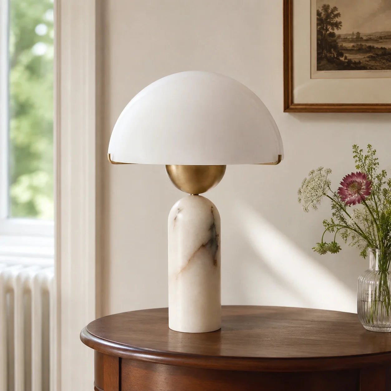 Modern Alabaster Mushroom Table Lamp with White Dome