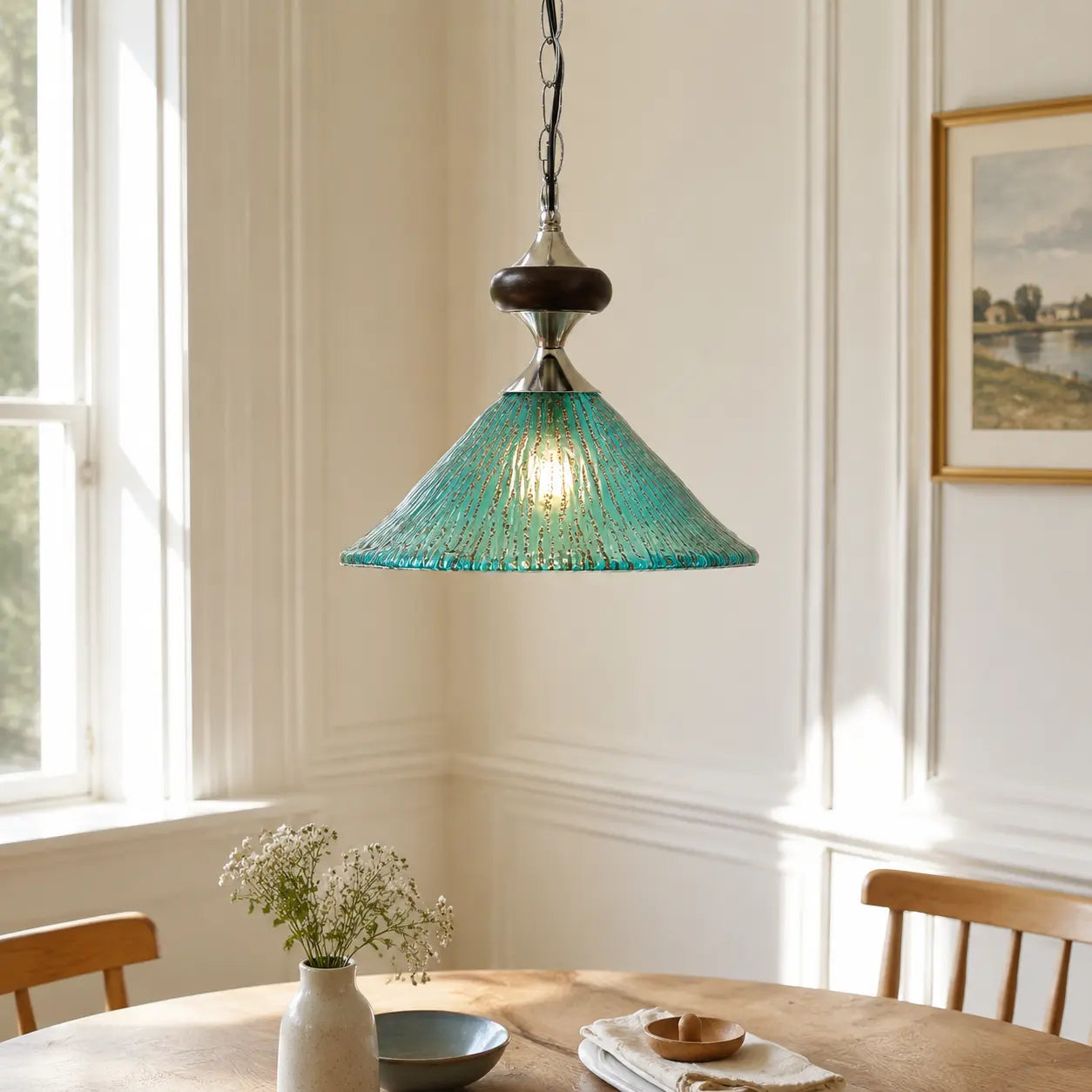Vintage peacock blue ribbed glass pendant light above a round dining table