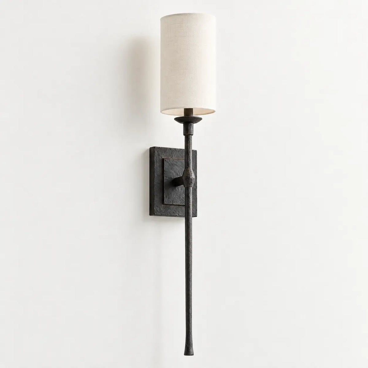 Industrial black metal rod wall light with white cylindrical fabric shade