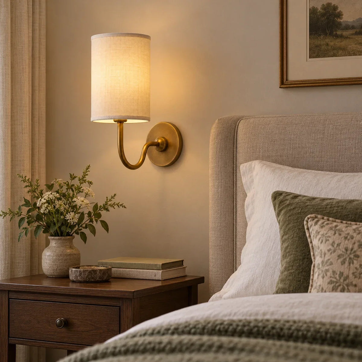 Tumbled Brass single wall light with white linen shade in a British interior