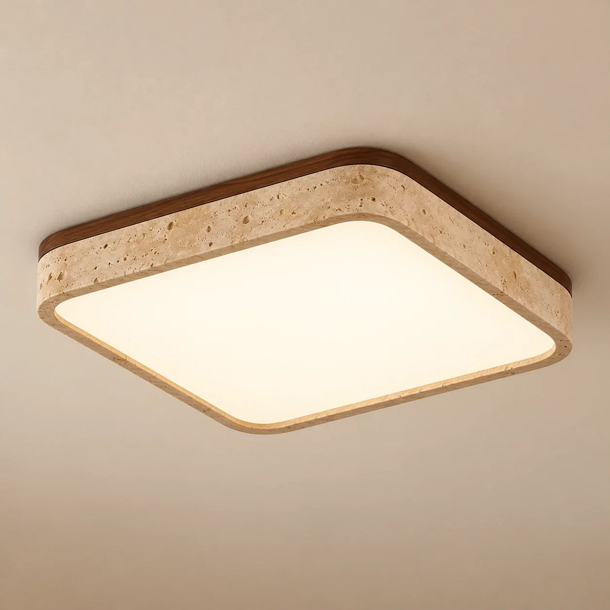 Square Travertine & Walnut Flush Ceiling Light — studio
