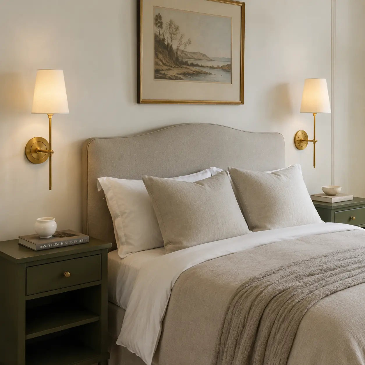 Pair of brass linen shade wall lights beside a modern British bed
