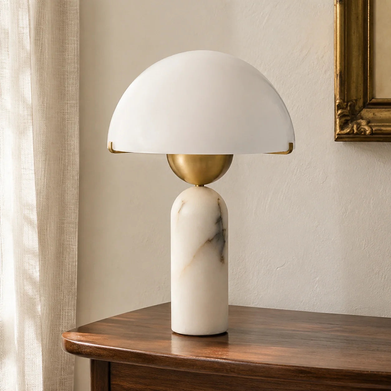 Modern Alabaster Mushroom Table Lamp with White Dome