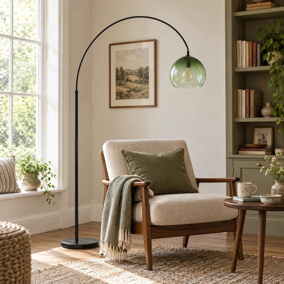 Green glass globe arc floor lamp in a British reading nook