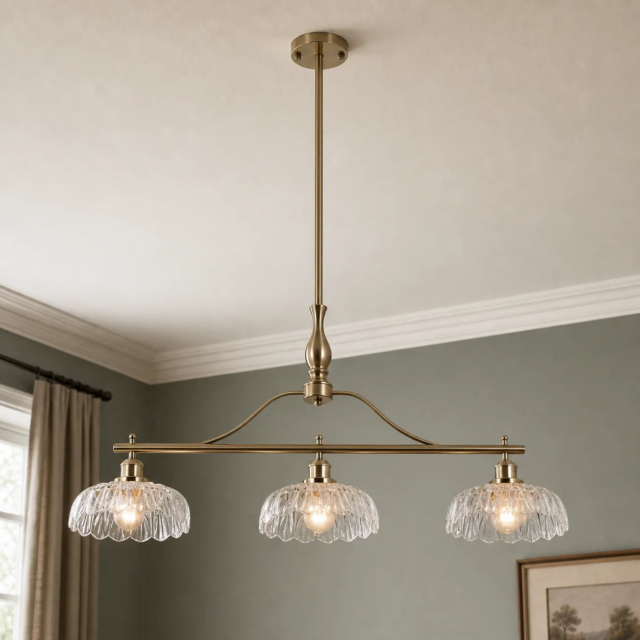 Vintage Brass 3-Light Linear Chandelier with Textured Glass Shade