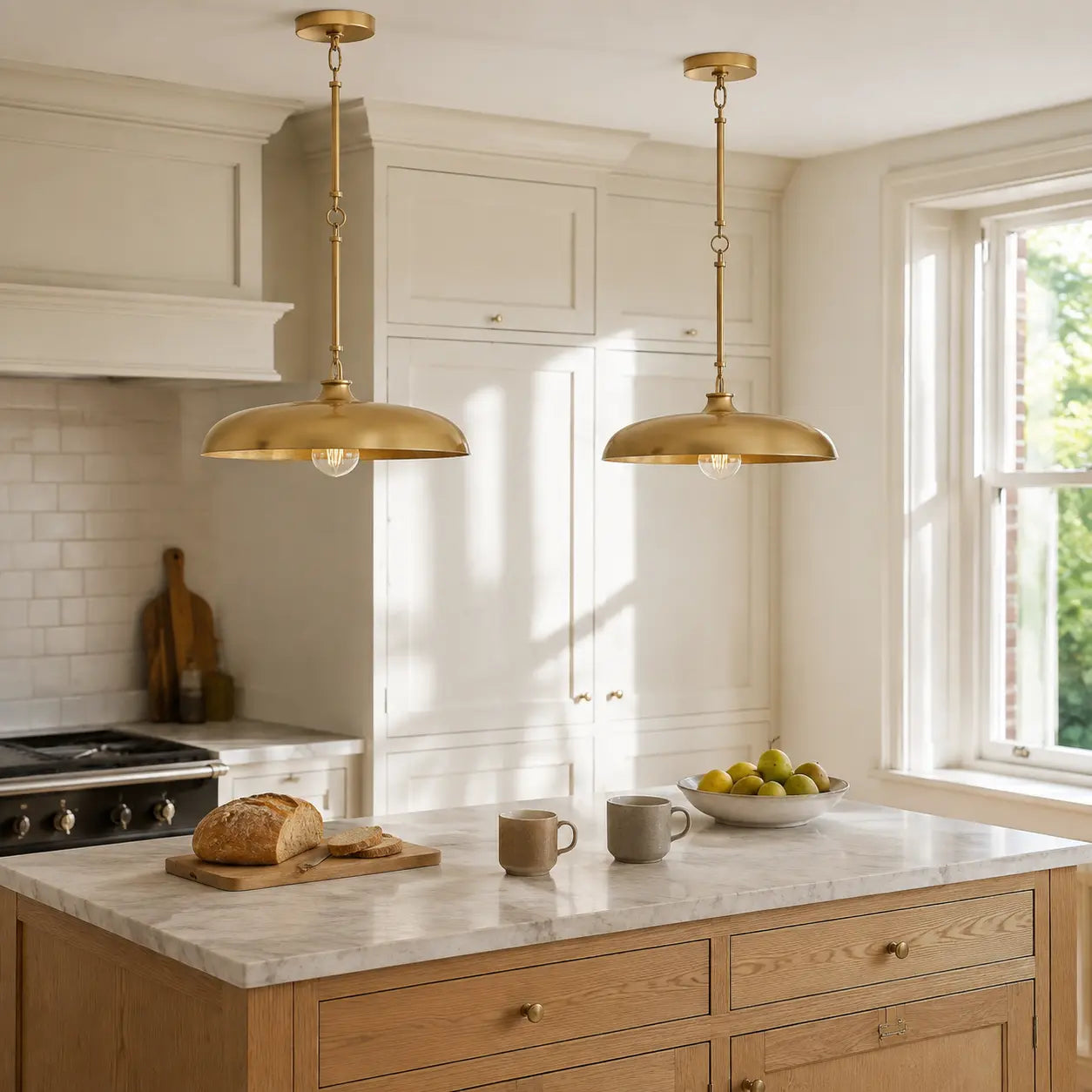 Pair of small brass saucer pendant lights above a modern British kitchen island