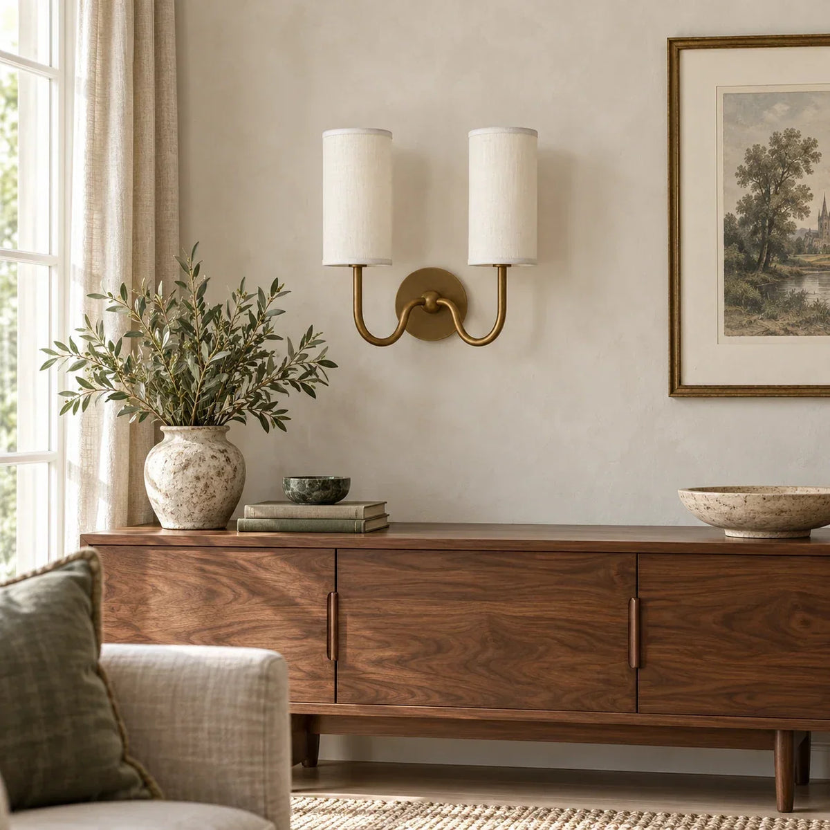 Tumbled Brass double wall light with white linen shade in a British interior