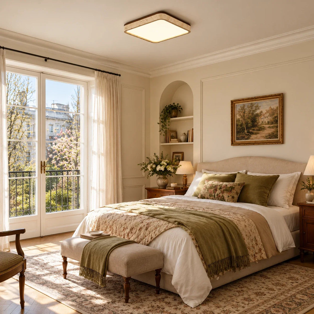 Square Travertine & Walnut Flush Ceiling Light — bedroom