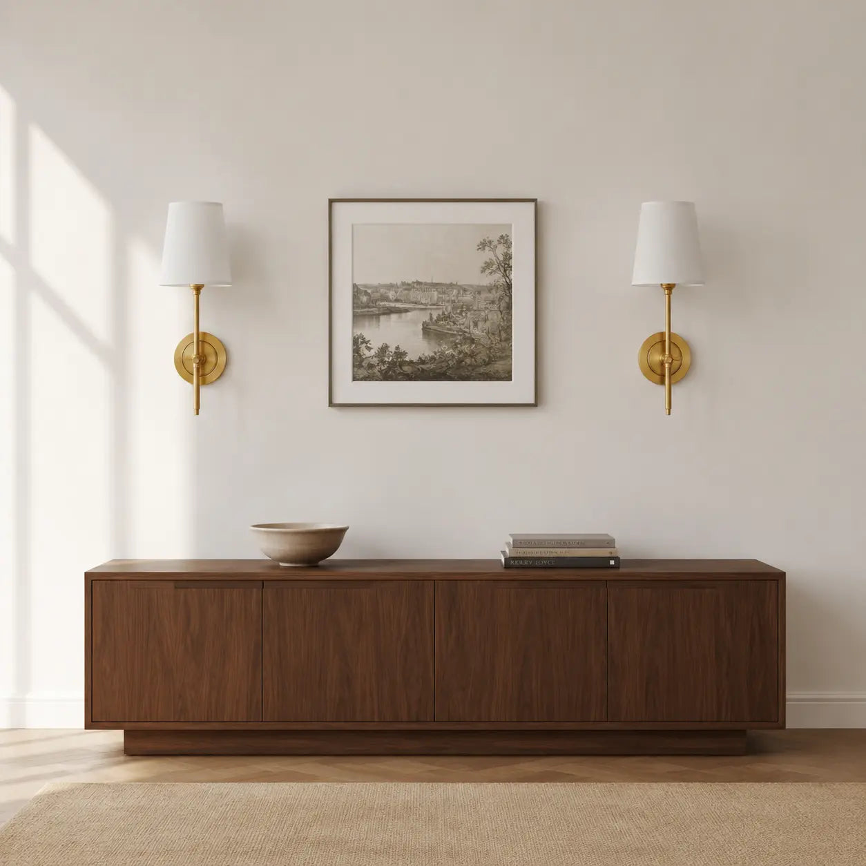 Pair of brass linen shade wall lights above a living room sideboard