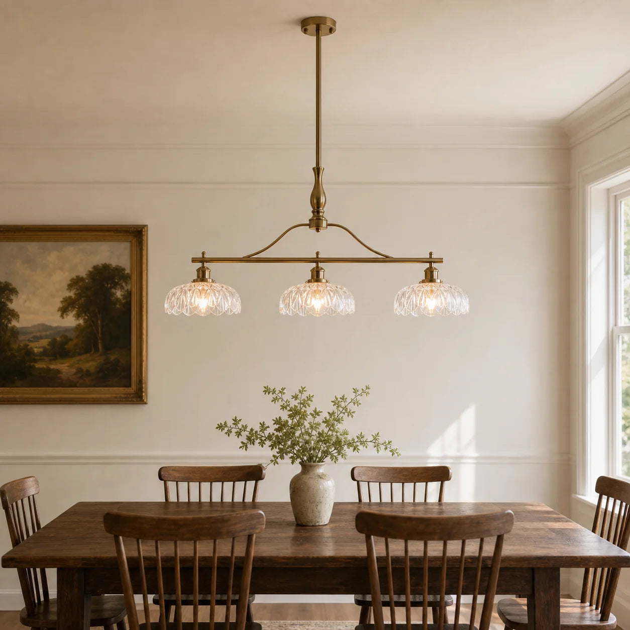 Vintage Brass 3-Light Linear Chandelier with Textured Glass Shade
