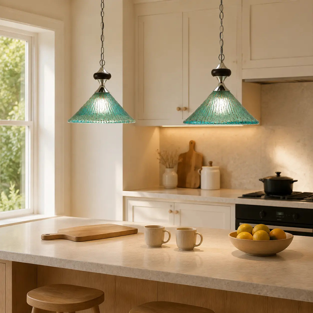 Pair of peacock blue ribbed glass pendant lights above a kitchen island