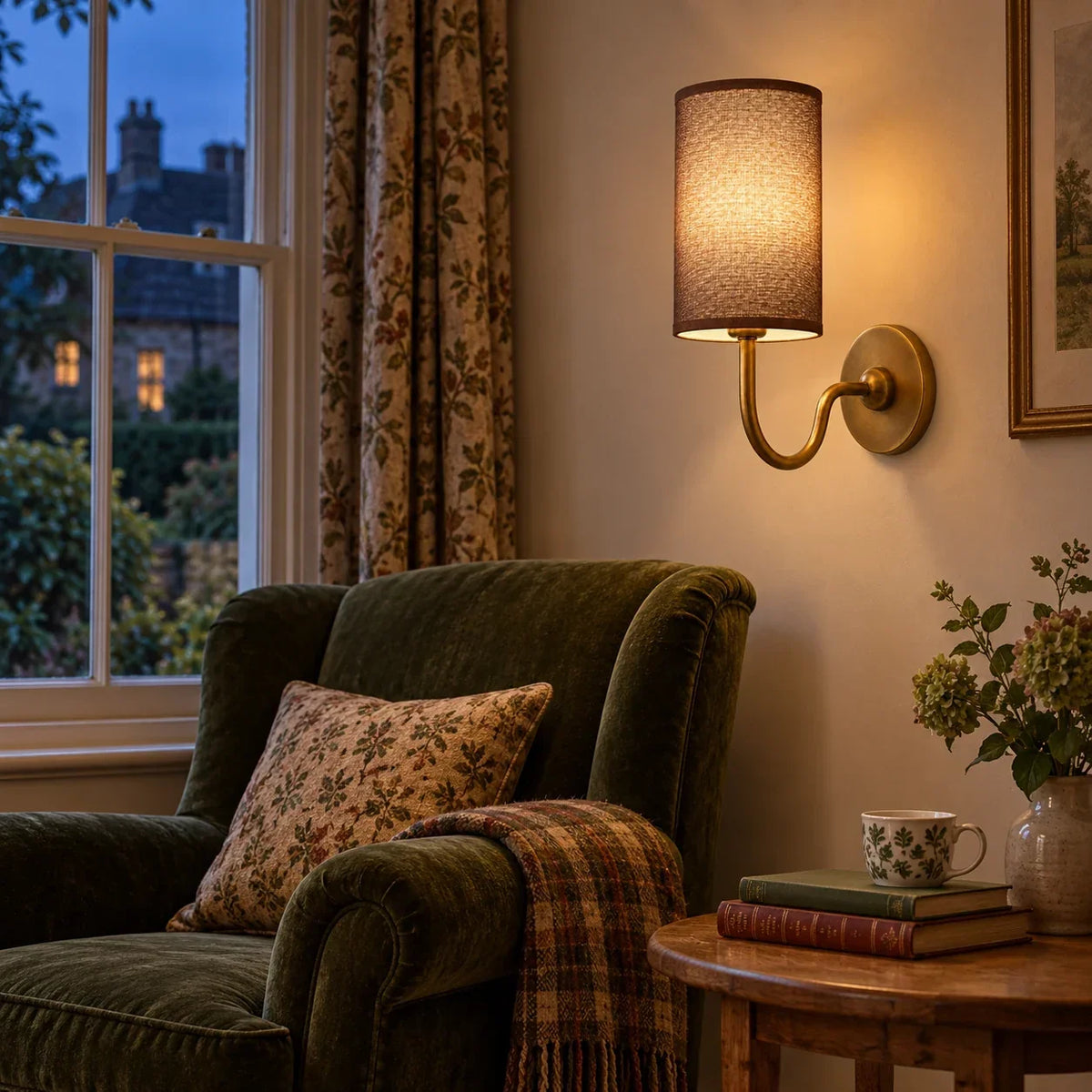 Tumbled Brass single wall light with coffee linen shade in a British interior