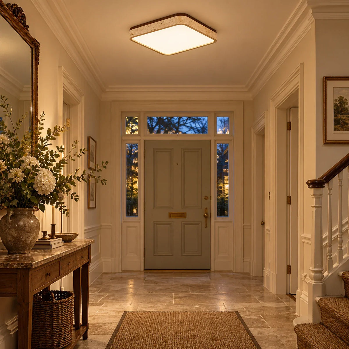 Square Travertine & Walnut Flush Ceiling Light — entry
