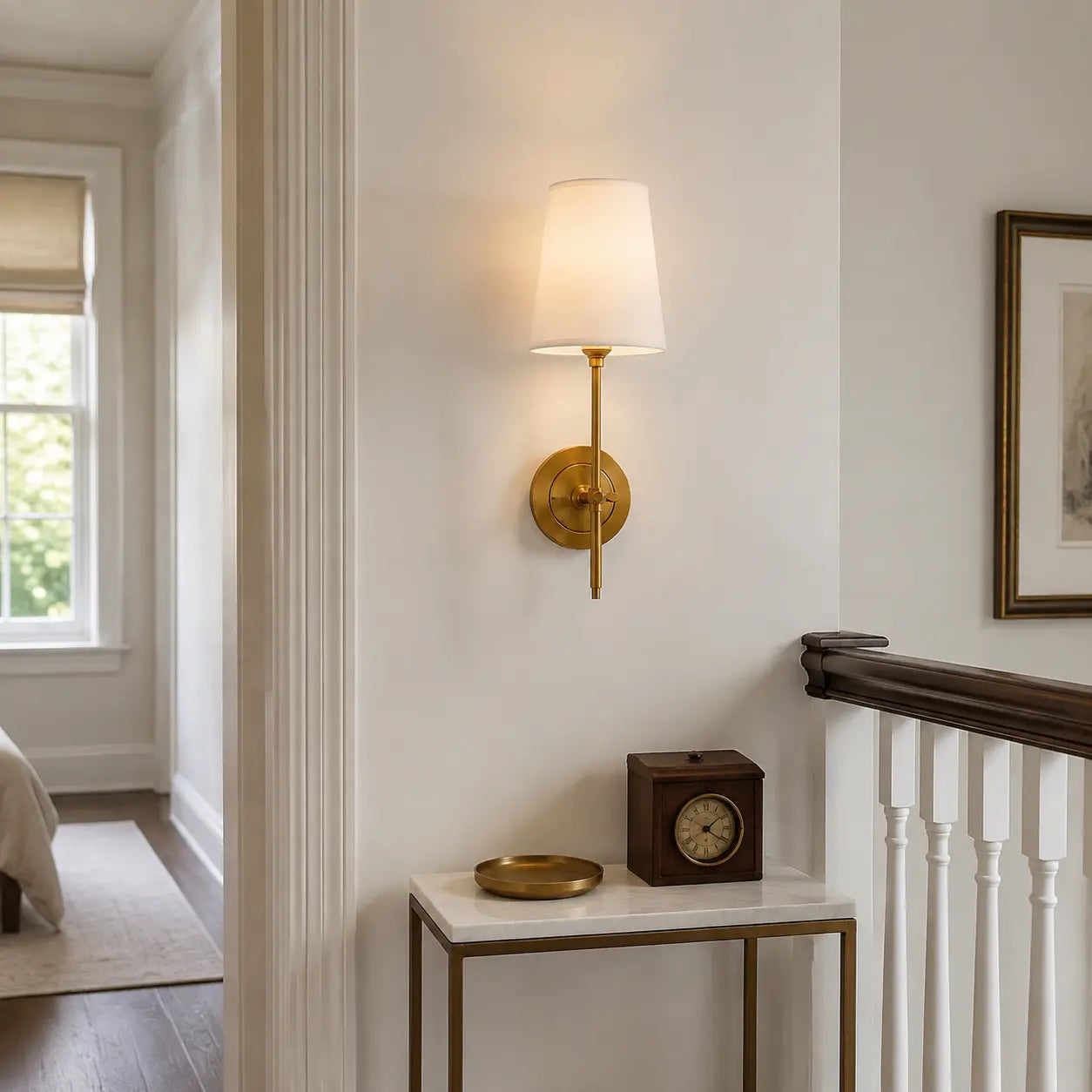 Brass linen shade wall light on a bright British landing