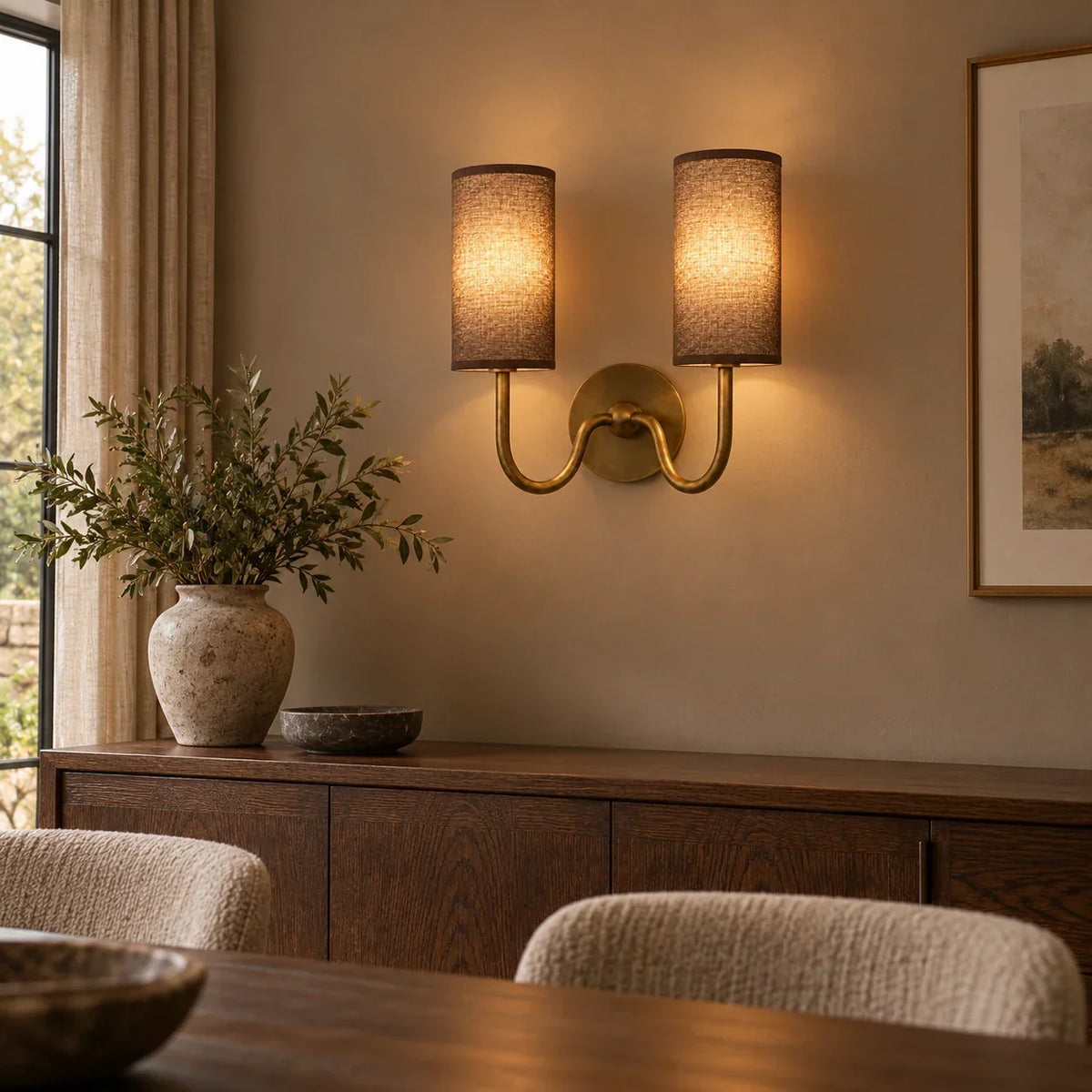 Tumbled Brass double wall light with coffee linen shade in a British interior