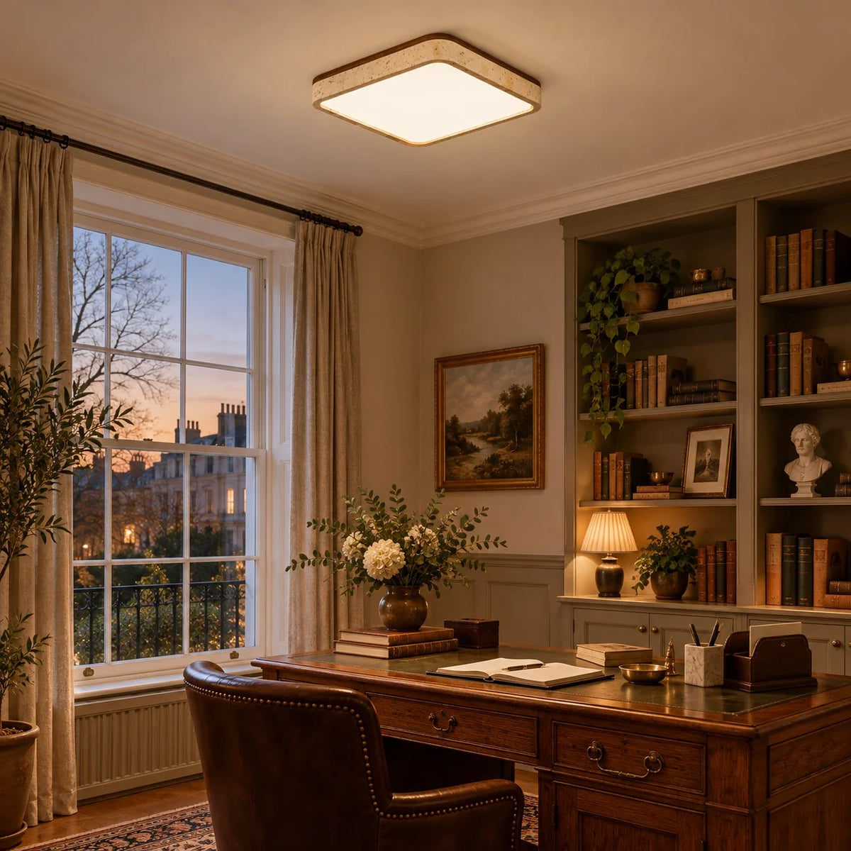 Square Travertine & Walnut Flush Ceiling Light — study
