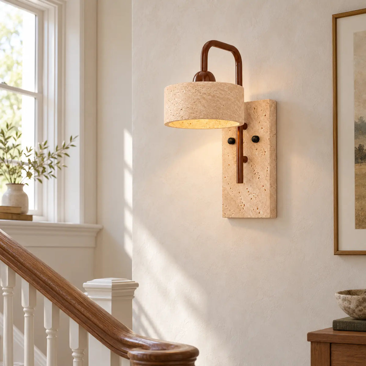 Straight travertine wall light with matching stone base on a stair landing