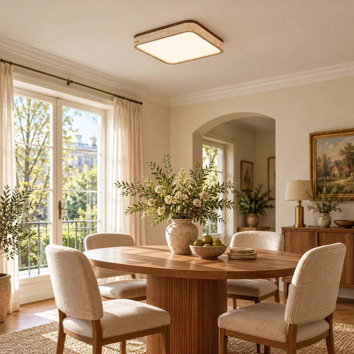Square Travertine & Walnut Flush Ceiling Light — dining