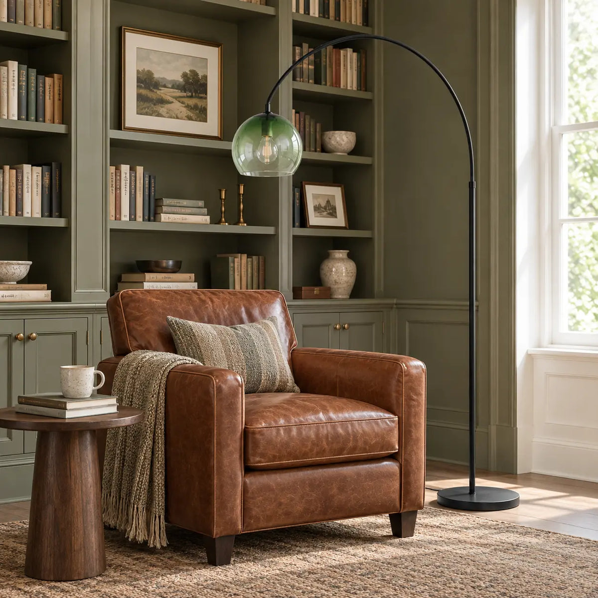 Modern green glass arc lamp in a home library