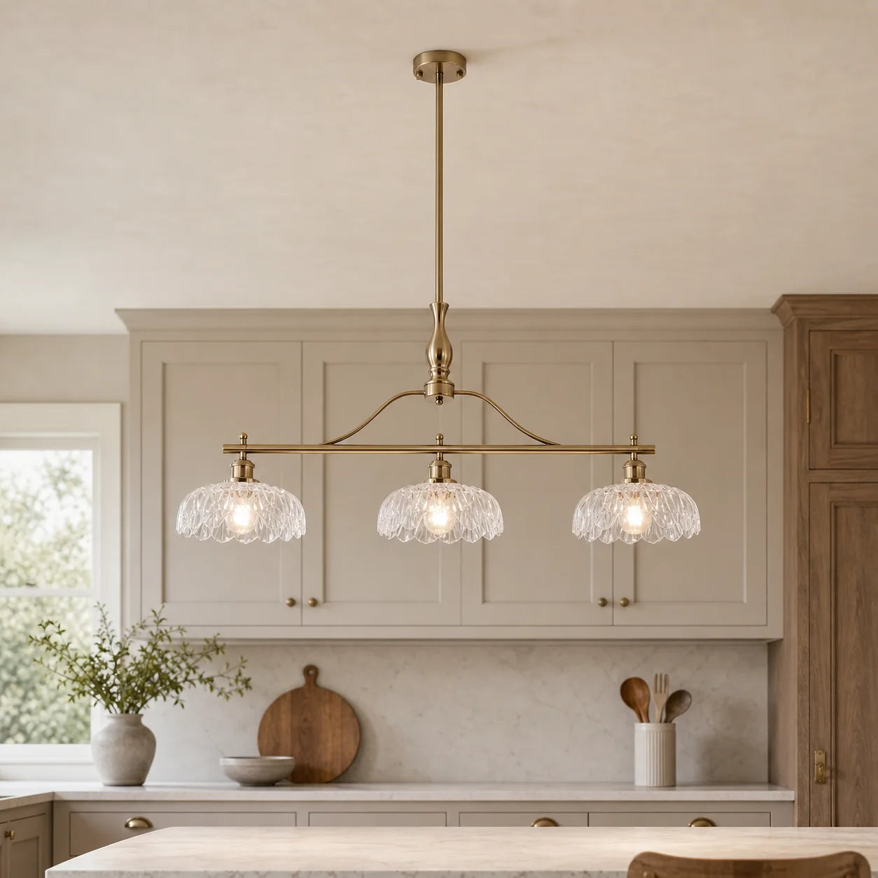 Vintage Brass 3-Light Linear Chandelier with Textured Glass Shade