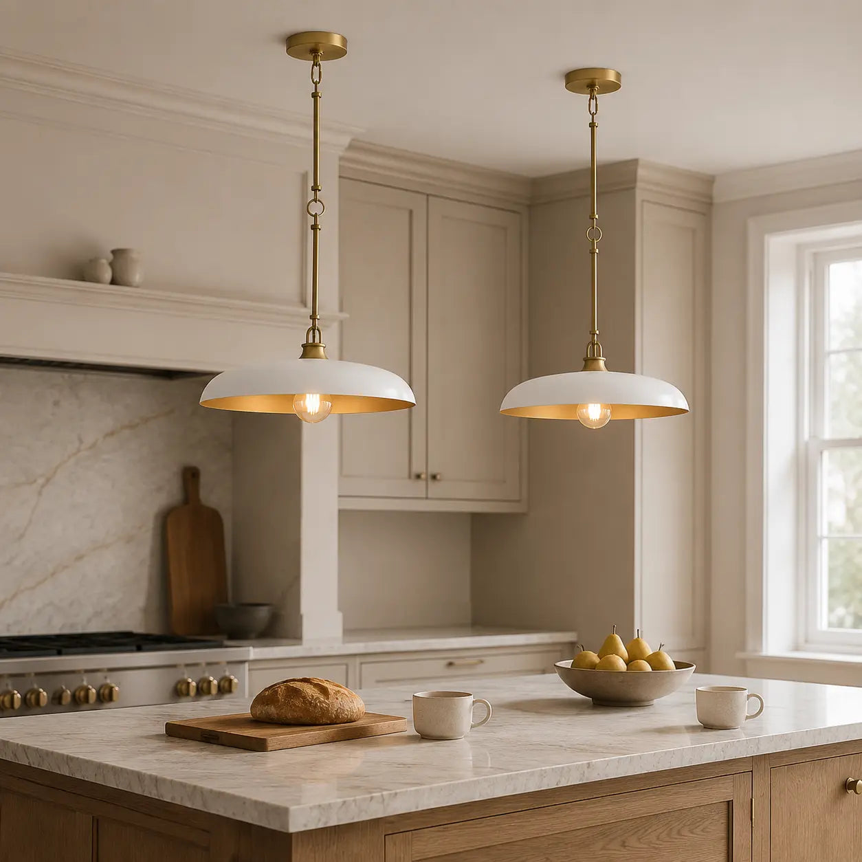 Pair of small white saucer pendant lights over a kitchen island