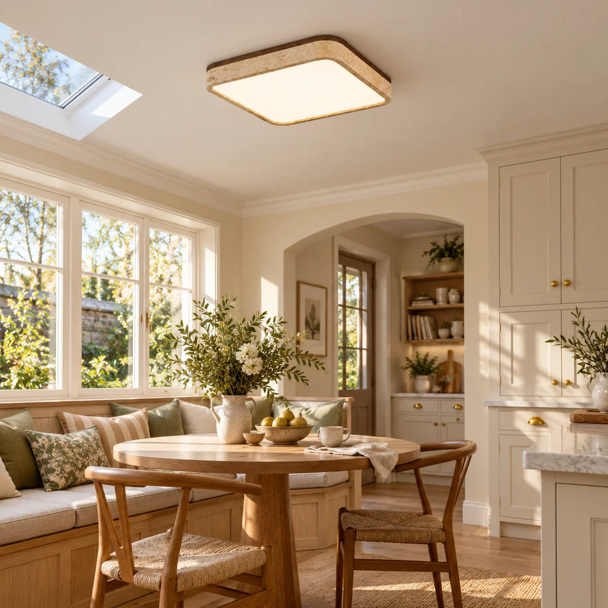Square Travertine & Walnut Flush Ceiling Light — breakfast