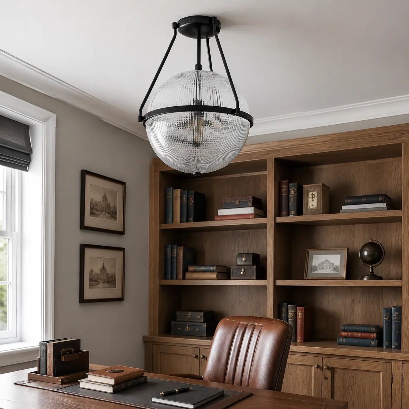 Black textured globe glass semi flush ceiling light in a home office