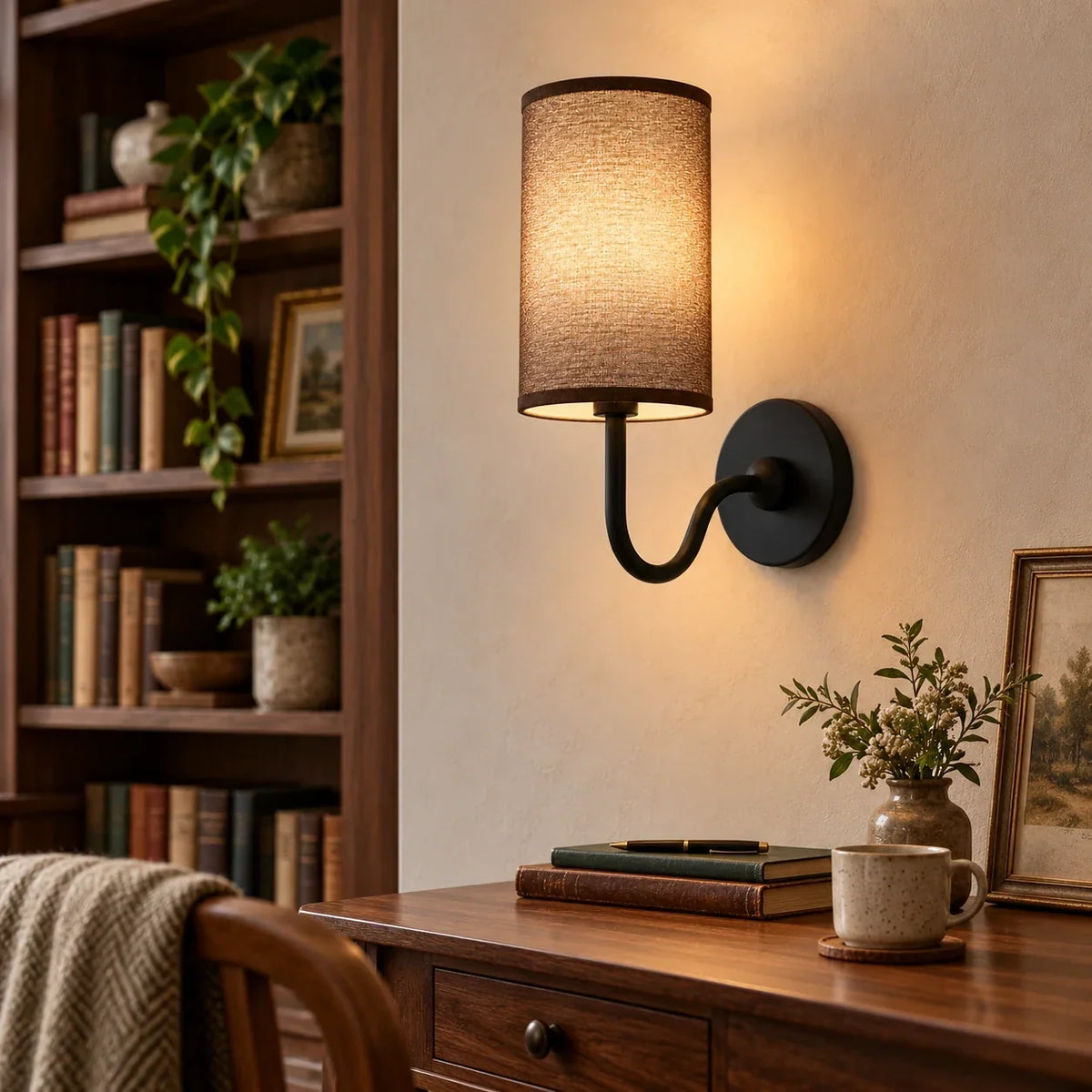 Black single wall light with coffee linen shade in a British interior