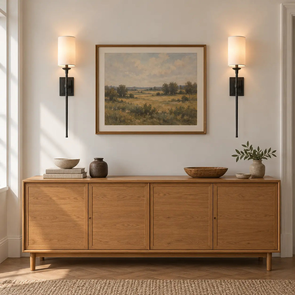 Matching wall lights flanking artwork above a sideboard