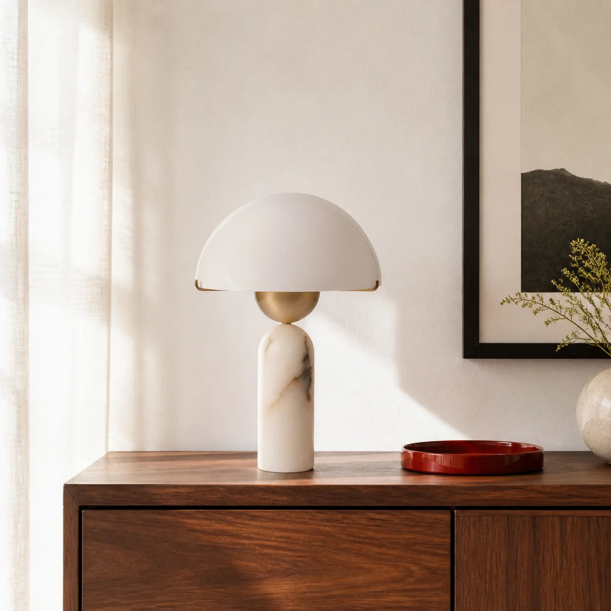 Modern Alabaster Mushroom Table Lamp with White Dome