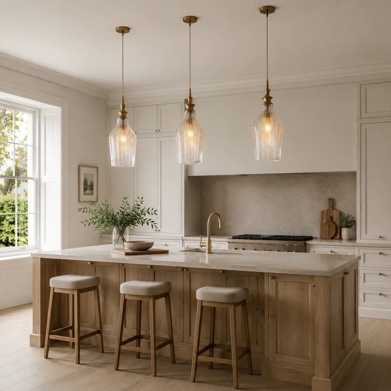 Three tall clear textured glass pendant lights above a kitchen island