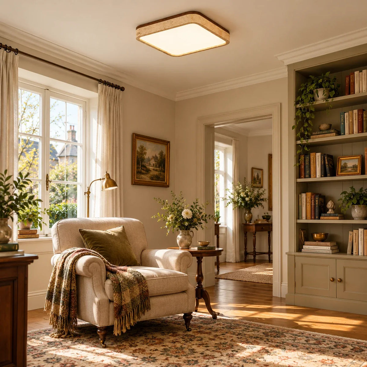 Square Travertine & Walnut Flush Ceiling Light — reading