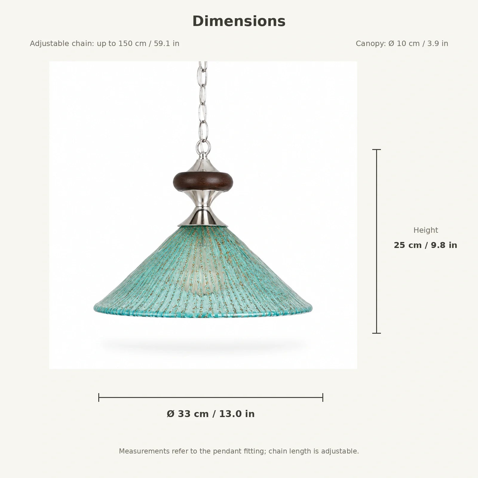 Peacock blue pendant light dimensions in centimetres and inches