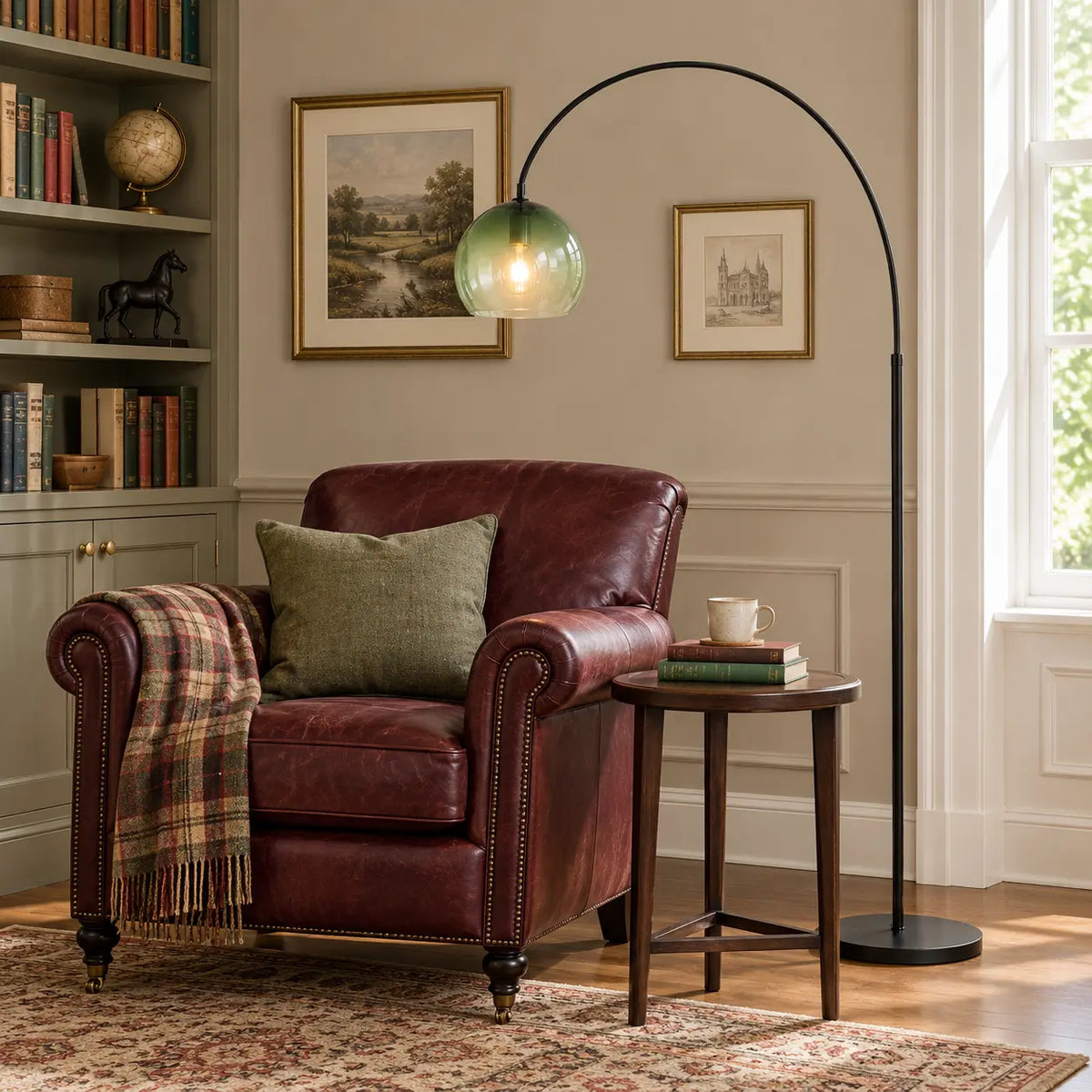 Wind Chime Green glass floor lamp beside a study chair