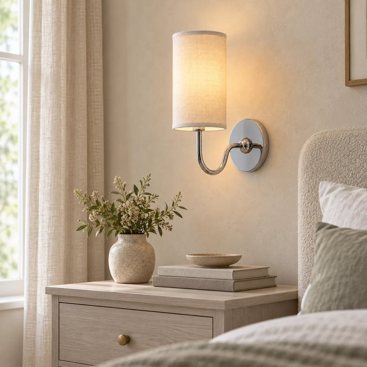 Chrome single wall light with white linen shade in a British interior